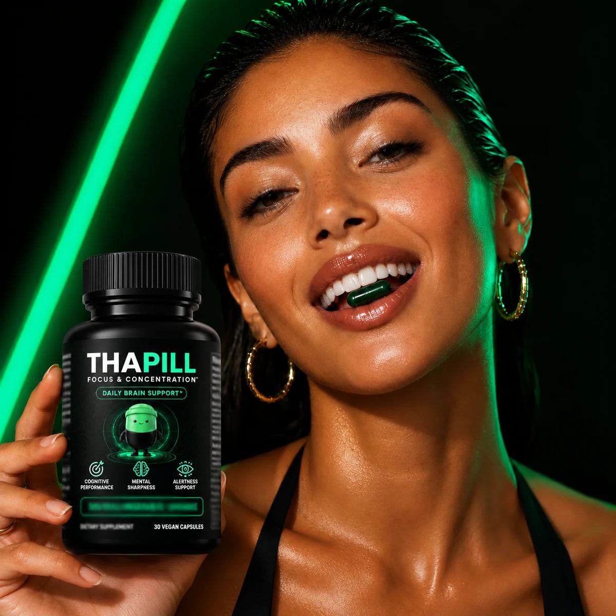 Person deep in focus with a Thapill bottle on the desk