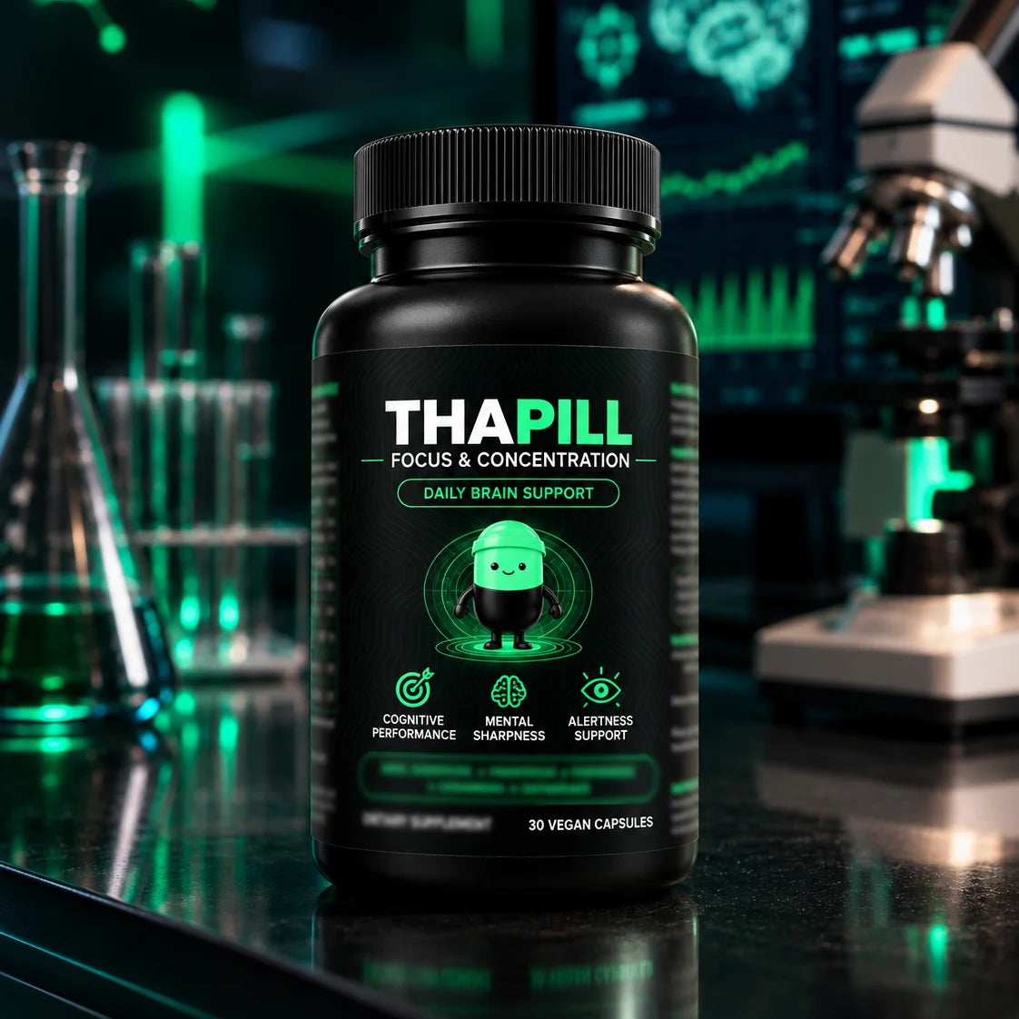 Thapill bottle in a lab setting with glassware